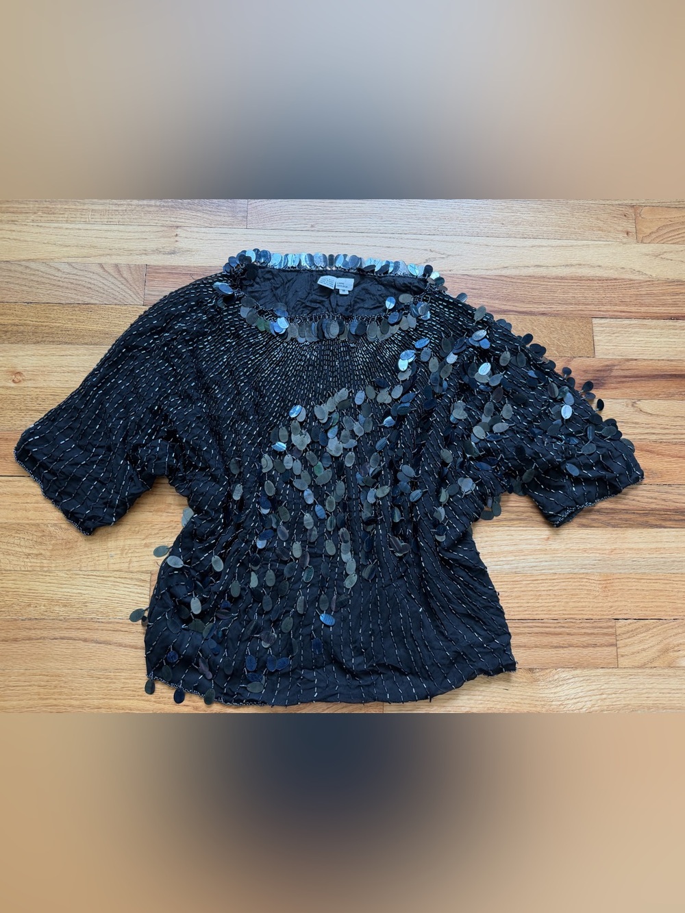Vintage Oleg Cassini 100% Silk Hand Beaded Black Sequin Top Size M